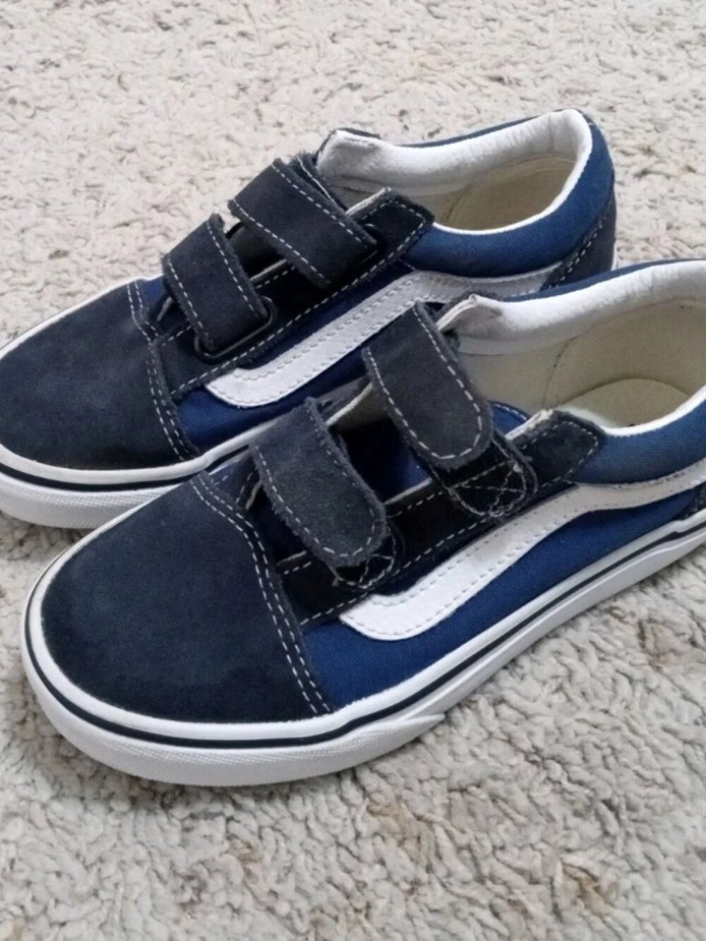 VANS Old Skool V Sneaker Kids Size 1 Navy Blue And White Hook And Loop